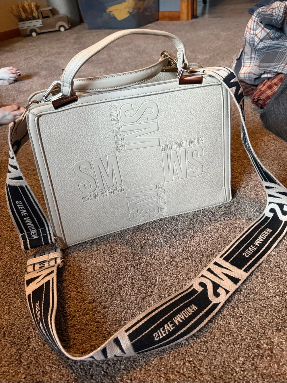 Steve Madden Cream Box Crossbody with Branded Black & Cream Strap